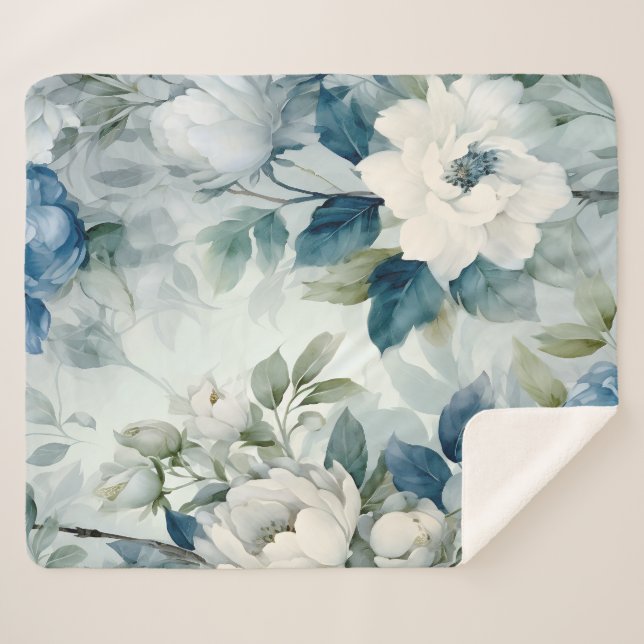 Manta de lujo de Sherpa Fleece Floral Azul (Anverso (horizontal))