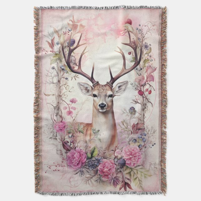 Manta Deer Antlers Flores rosadas Navidades Woodsy (Frente vertical)