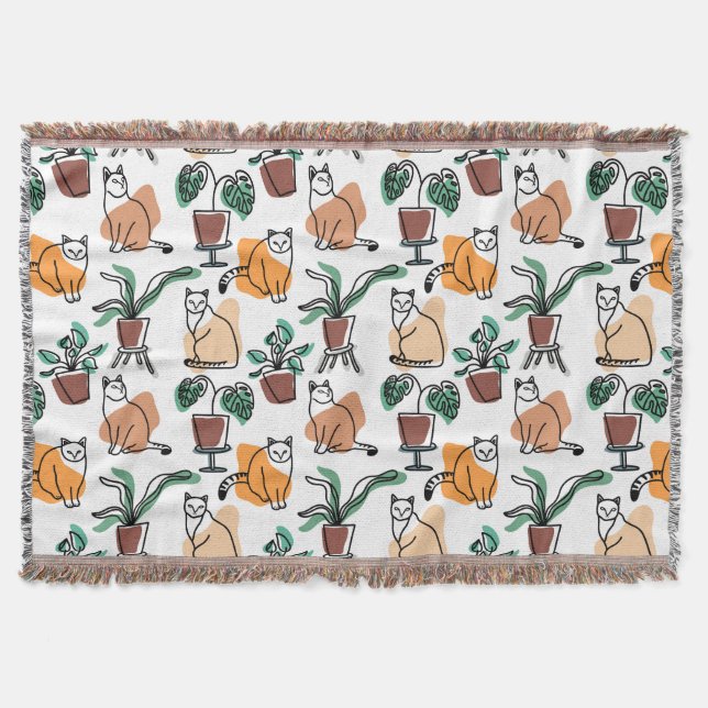 Manta Dibujo en línea de gatos y flores (Anverso)