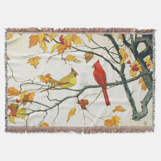 Manta Dibujo japonés vintage, cardenales en una rama (Anverso)