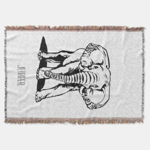 Manta Dibujo monogramado de línea de elefante negro