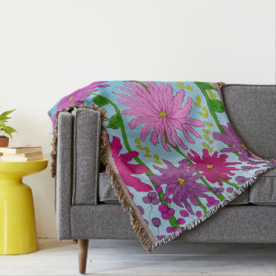 Manta Dibujo vivo de flores rosadas en azul