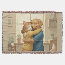 Manta Dog and Cat Hugging Whimsical Woven Throw Blanket