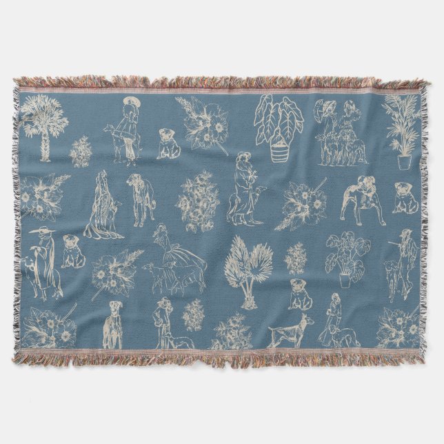 Manta Dogs Lady Toile de Jouy Turquoise oscuro (Anverso)