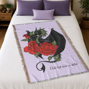 Manta Dragón Negro Místico Rosas Rojas Lavanda Gótica