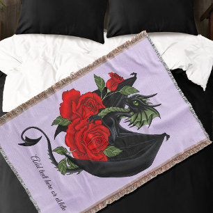 Manta Dragón Negro Místico Rosas Rojas Lavanda Gótica