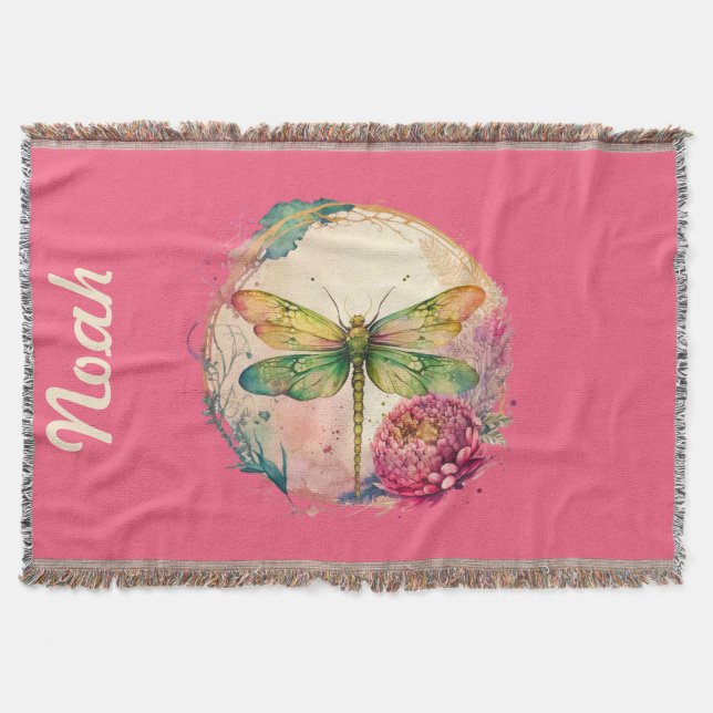 Manta Dragonfly floral elegante con nombre personalizado (Anverso)