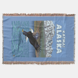 Manta Eagle calvo que se zambulle - Katmai, Alaska