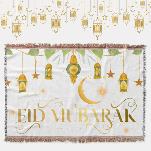Manta Eid Mubarak Elegante estrellas de luna de linterna (This cozy white + gold "Eid Mubarak" throw blanket makes a great addition to your festive Eid décor!)