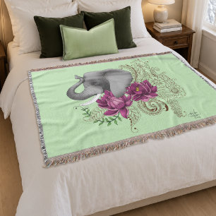 Manta Elefante Floral Rosa Loto Henna Mandala Verde