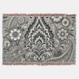 Manta Elegancia de paisley floral negra y gris