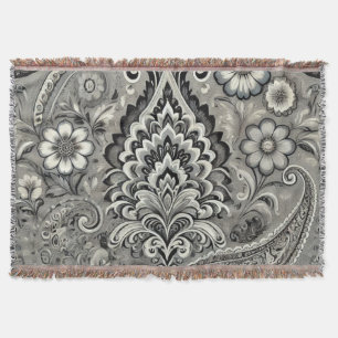 Manta Elegancia de paisley floral negra y gris