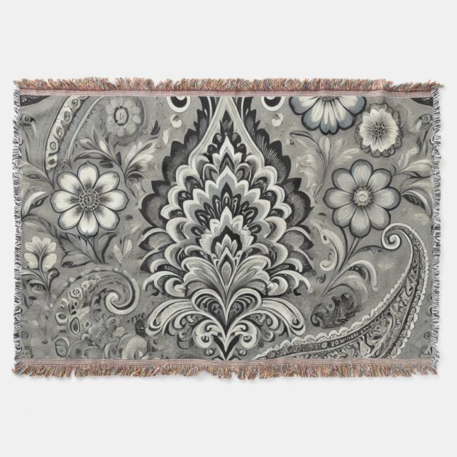Manta Elegancia de paisley floral negra y gris (Anverso)