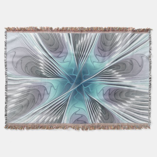 Manta Elegancia Flor de Arte Fractal Blanco Gris Azul (Anverso)