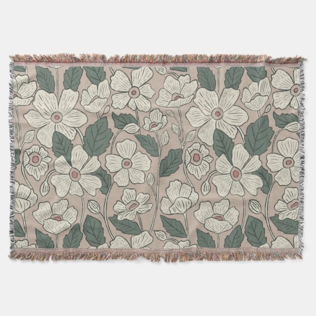Manta Elegant Cream Beige & Green Illustrated Floral  (Anverso)