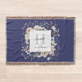 Manta Elegant Monogram Pretty Beige Blue Flowers Floral