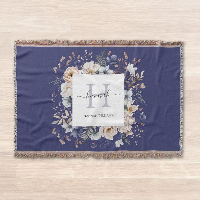 Manta Elegant Monogram Pretty Beige Blue Flowers Floral (In situ)