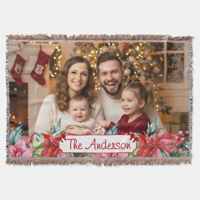 Manta Elegant Poinsettia Floral Border Custom Photos (Anverso)