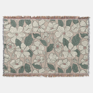 Manta Elegante beige crema y verde floral ilustrado
