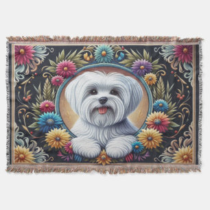 Manta Elegante borde maltés de colores florales de perro