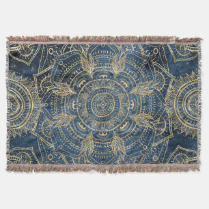 Manta Elegante diseño dorado Mandala azul brillante