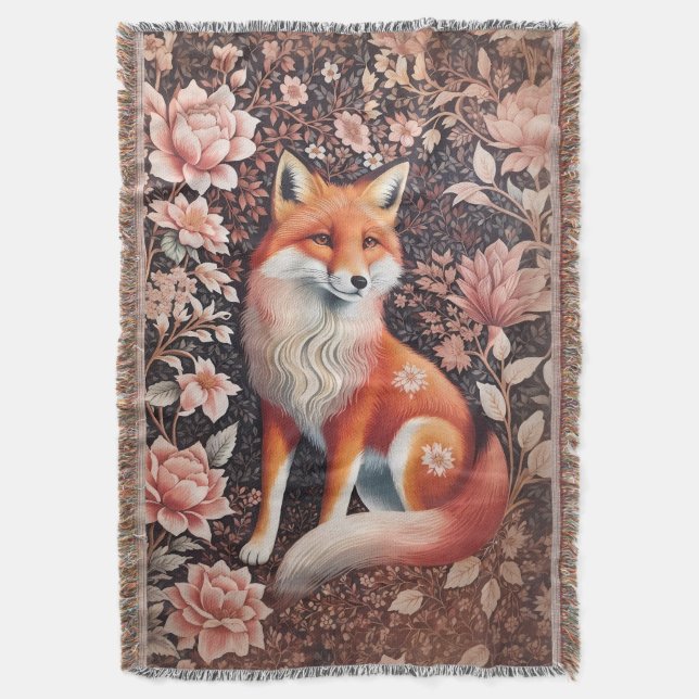 Manta Elegante Fox Floral Rosa William Morris inspirado (Frente vertical)