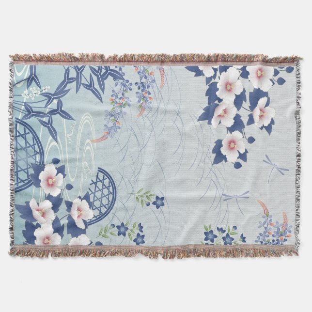 Manta Elegante jardín de flores japonesas azul claro (Anverso)