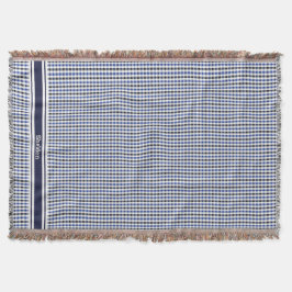 Manta elegante patrón de cuadros azul negro y monograma 