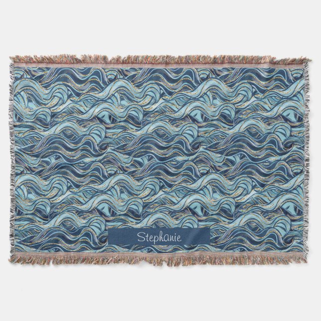 Manta Elegante patrón de onda azul con acentos dorados (Anverso)