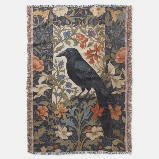 Manta Elegante Raven Negro William Morris Inspirado Flor (Frente vertical)