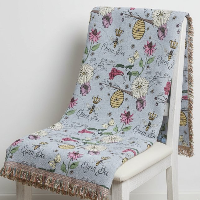 Manta Elegante Reina Abeja Floral Niebla de Plata Día de (Light Blue Floral Nature Inspired Queen Bee Blankets. Bee, Wildflower, Beehive, Flowers Pattern)