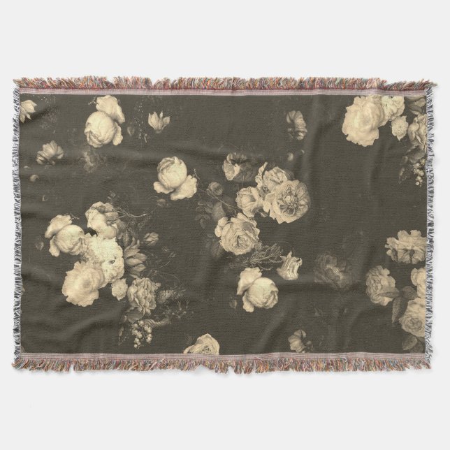 Manta Elegantes Rosas florales de época Beige Brown (Anverso)