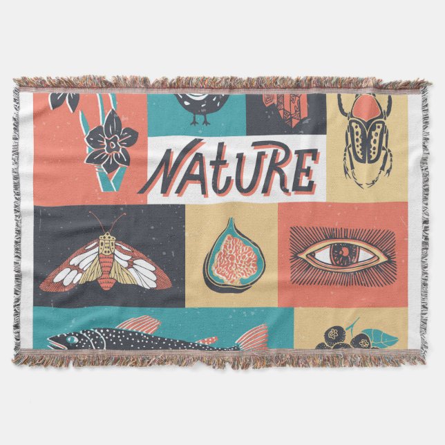Manta Elementos Naturales, Iconos De Estilo Retro. (Anverso)