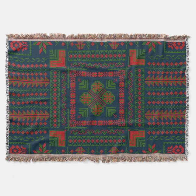 Manta Embroideric palestino Tatreez color verde rojo 5 P (Anverso)