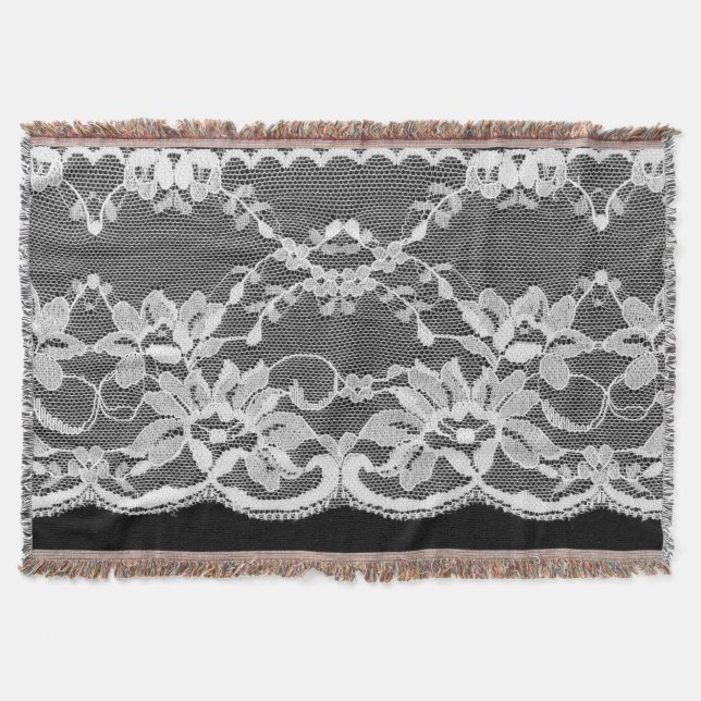Manta Encaje floral blanco: fondo negro. (Anverso)