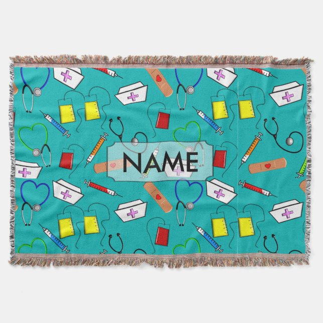 Manta Enfermera Custimizable azul combinado tejido (Anverso)