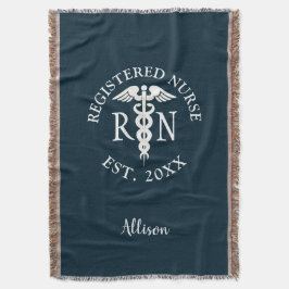 Manta Enfermera personalizada RN Graduación Navy Blue Wh