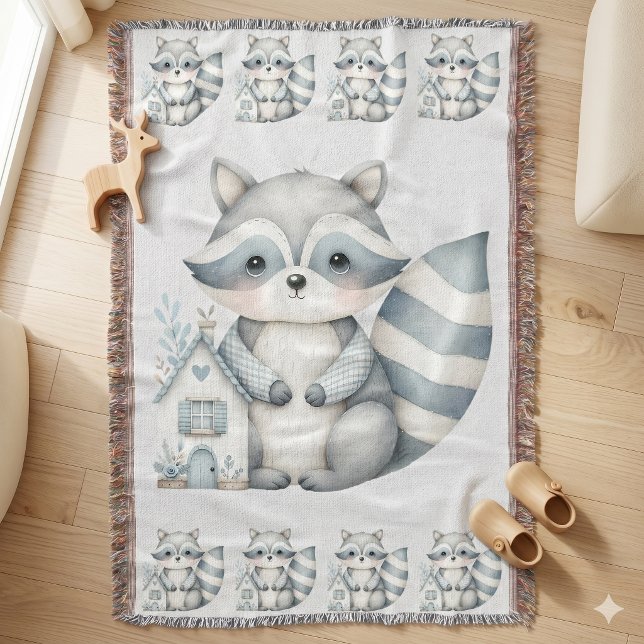 Manta Escena Bosque Neutral Cabaña Mapache Pastel (Pastel Raccoon Cottage Neutral Woodland Scene Throw Blanket)