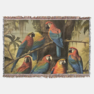 Manta Escena botánica vintage loros coloridos en un árbo