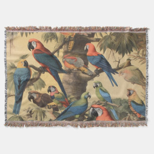 Manta Escena botánica vintage loros coloridos en un árbo