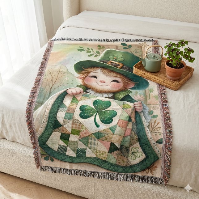 Manta Escena de colcha de retales de duende de cabaña (Cottage Leprechaun Patchwork Quilt Scene Throw Blanket)