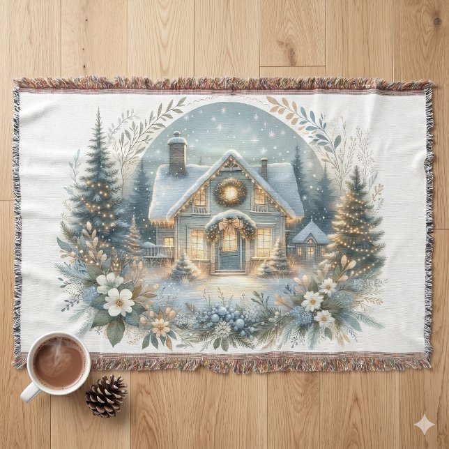 Manta Escena de Resplandor de Cabaña Nevada (Snowy Cottage Glow Scene Throw Blanket)