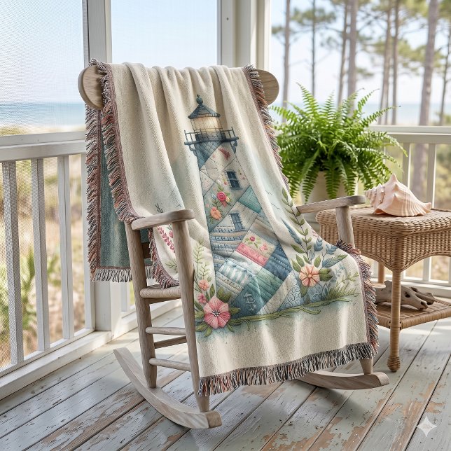 Manta Escena floral costera del faro de patchwork (Patchwork Lighthouse Coastal Floral Scene Throw Blanket)