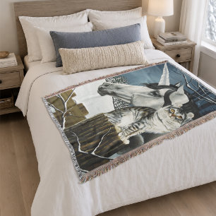 Manta Fantasia Blanca Gris Mística Unicornio Gato Invier