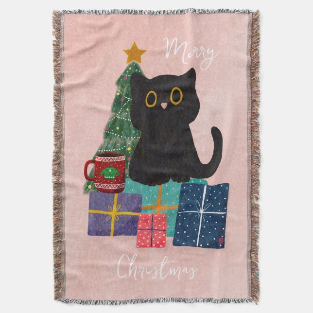 Manta Festividad Rosa Merry Navidad Cute Cat Café Arte (Frente vertical)