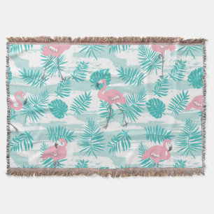 Manta Flamencos rosas, hojas de palma verdes, tropicales