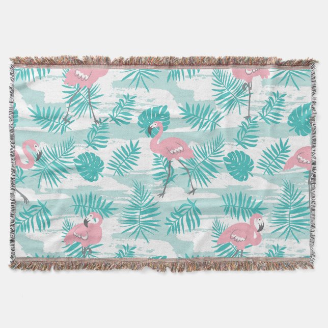 Manta Flamencos rosas, hojas de palma verdes, tropicales (Anverso)