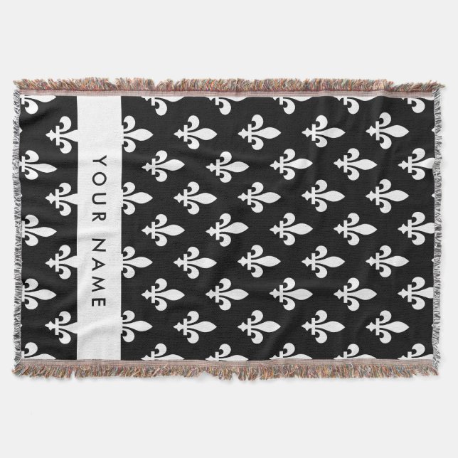 Manta Fleur de Lis, Blanco sobre Negro, Blanco, Tu Nombr (Anverso)