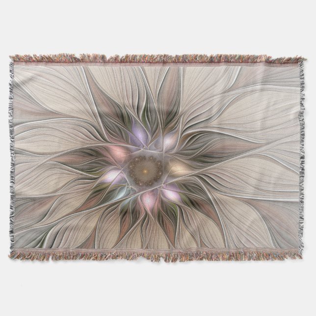 Manta Flor abstracta alegre beige marrón fractal floral (Anverso)