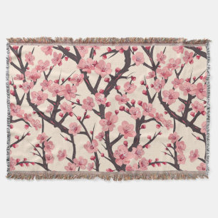 Manta Flor de Cerezo Japonesa Rosa Oscuro Ramo Crema